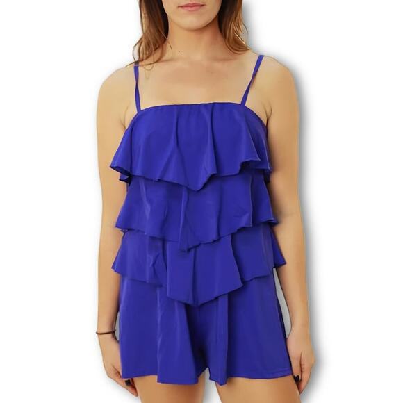 Fit 4 U Romper Swimsuit Tiered Ruffle Cobalt Blue Size 10 Resort Summer Beachy - Picture 1 of 9